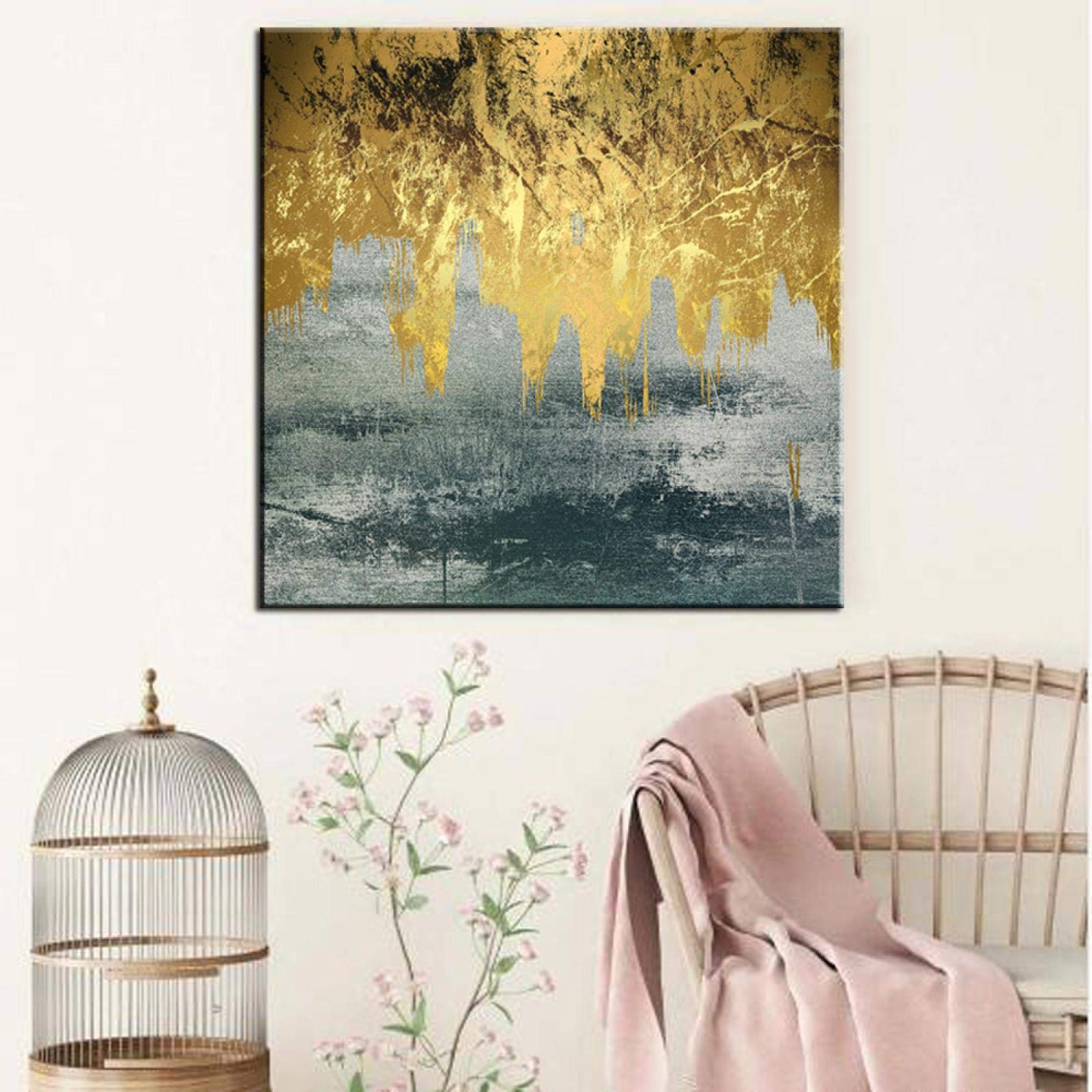 Amazon｜抽象的な金箔白いブロックキャンバス絵画ファション
